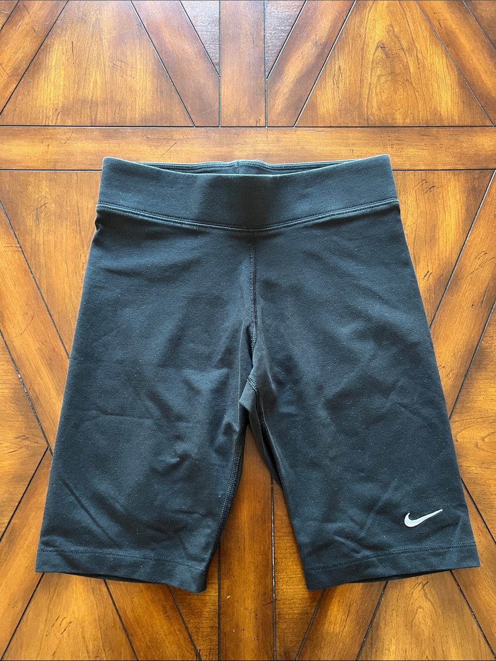 Nike Black High-Rise Workout Shorts with White Swoosh Print